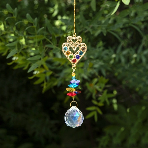 Crystal Suncatcher Hanging Ornament Colorful Faux Crystal Prism Rainbow Maker Heart Sun Design For Window Garden Decor