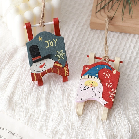 Christmas Sled Hanging Ornaments Wooden Vintage Hand Painted Santa Claus Snowman Holiday Tree Decoration Home Decor
