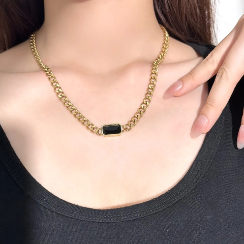Titanium Staal Cubaanse Schakelketting Zwarte Rechthoekige Strass Hanger Vintage Hip Hop Sieraden Voor Heren Dames