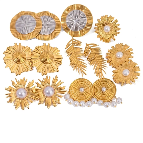 Vintage 18K Vergoldete Edelstahl Ohrringe Geometrische Blatt Sonne Spirale Textur Faux Künstliche Perle Hypoallergener Schmuck Damen