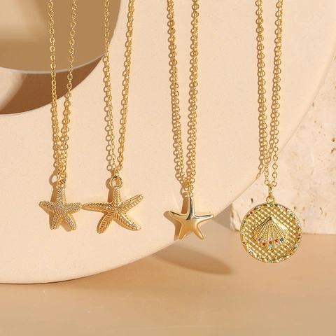 Ocean Theme Starfish Pendant Necklace Copper 14K Gold Plated Zircon Shell Medallion Beach Vacation Jewelry For Women