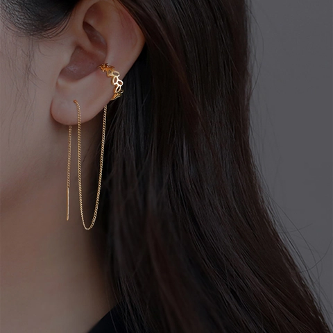 Europäische Mode Legierung Hohle Blume Ohrmanschette Durchzieher Ohrringe Gold Lange Quastenkette Damen Straßen Schmuck