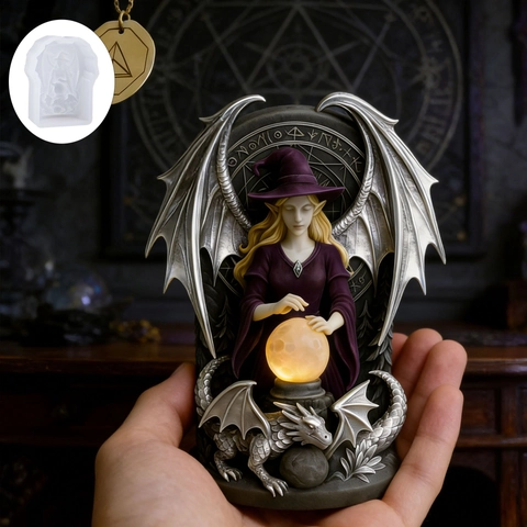 Molde De Silicona De Bruja Y Dragón 3D En Relieve Para Hacer Velas Resina Jabón DIY Ornamento Estilo Fantasía Gótica