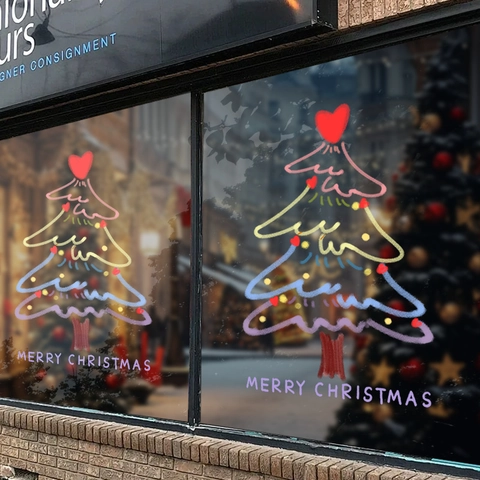 Christmas Tree Window Stickers Static Cling PVC Reusable Glass Door Decals Double Sided Color Hand Drawn Festive Decor