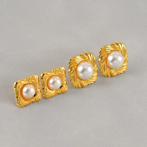 Orecchini A Lobo Con Künstliche Perle Vintage Acciaio Inossidabile Placcato Oro 18K Geometrici Quadrati Tondi Stile Francese Donna