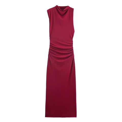 Sleeveless Maxi Dress Knitted Ruched Waist High Neck Bodycon Slim Fit Elegant Evening Party Gown For Women