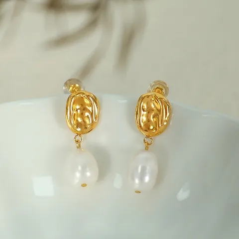Pendientes De Gota Con Perlas De Agua Dulce Para Mujer Chapado En Oro 18k Acero Inoxidable Textura Martillada Estilo Retro Francés