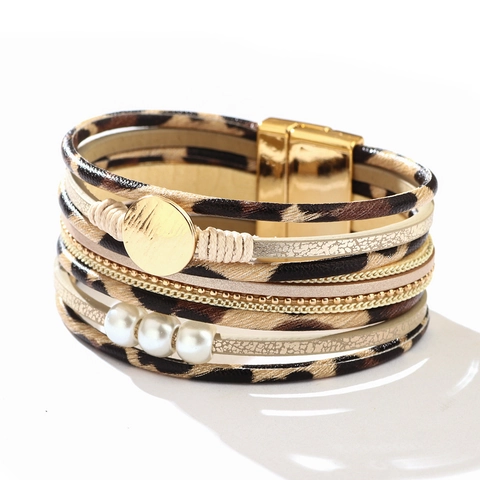 Multi-layer Bracelet With Leopard Print PU Leather Faux Artificial Pearls And Alloy Magnetic Buckle Fashion Bohemian Jewelry For Women