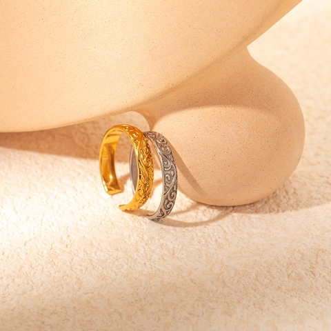 Anello Aperto Regolabile in Acciaio Inossidabile Vintage Francese da Donna Minimalista con Motivo Inciso Gioielli