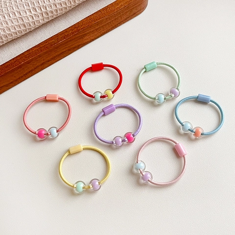 Kids Hair Ties High Elastic Candy Color Nylon Ponytail Holders With Acrylic Colorful Beads For Little Girls