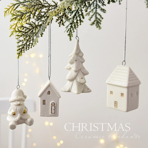 Ceramic Christmas Hanging Ornaments Nordic White House Santa Snowman Elk Tree Shapes Holiday Party Home Decor Accessories