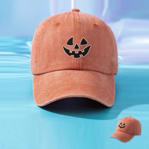 Gorra De Béisbol Bordada Calabaza Halloween Algodón Lavado Naranja Atardecer Ajustable Sombrero Casual Unisex