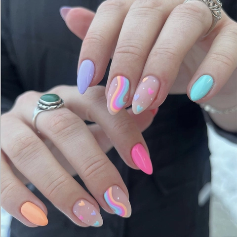 Press On Nails Macaron Sweet Heart Rainbow Wave Design Almond Shape Glossy False Nails For Women Girls DIY Manicure