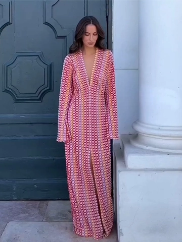 Bohemian Crochet Knit Maxi Dress Long Sleeve Deep V Neck Geometric Color Block Beach Vacation Slit For Women