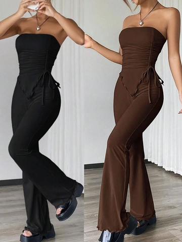 Sexy Gerafftes Bandeau Top Und Schlaghose Mit Hoher Taille Polyester Elastan Streetwear Mode Kleidung