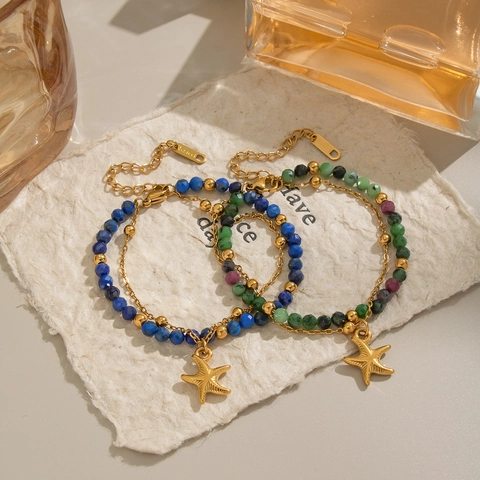 Double Layer Bracelet Stainless Steel Natural Stone Beads Starfish Pendant 18K Gold Plated Bohemian Jewelry For Women