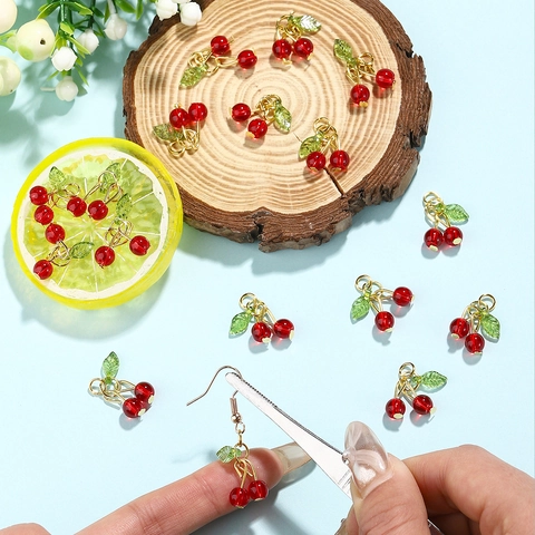 3D Cherry Charms Fruit Pendants Glass Beads With Gold Alloy Ring For DIY Jewelry Making Necklaces Earrings Accessories
