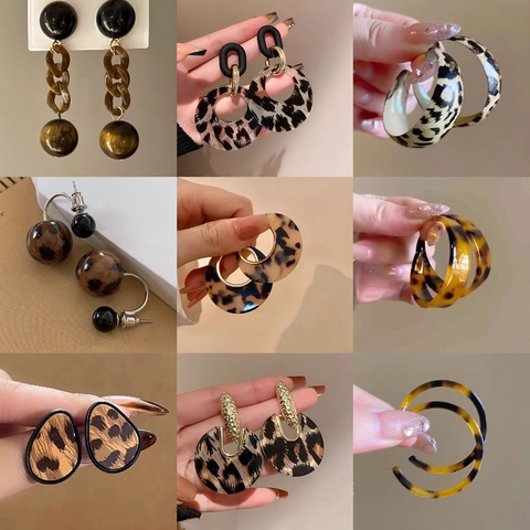 Retro Luipaardprint Schildpad Oorbellen Hars Acryl Geometrische Stud Hoops Voor Vrouwen Met Zilveren Oorsteker