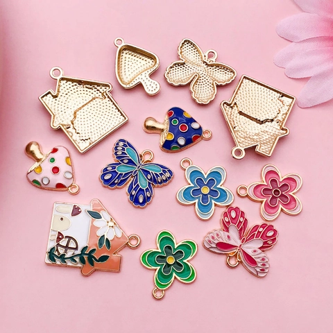 Cute Colorful Enamel Alloy Charms For DIY Jewelry Making Mushroom Butterfly House Flower Shapes Pendants Accessories