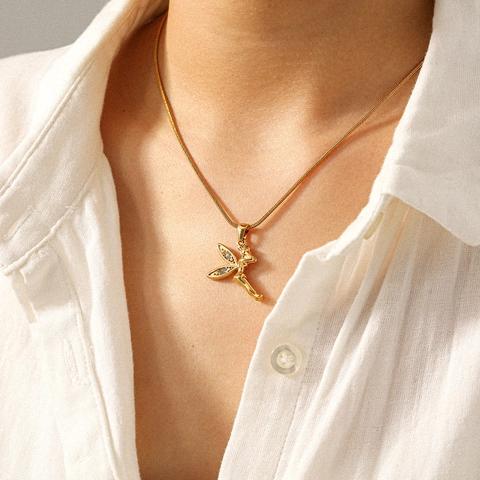Fee Engel Hanger Ketting Roestvrij Staal 18K Verguld Zirkonia Ingelegd Slangenketting Mode Sieraden Voor Vrouwen
