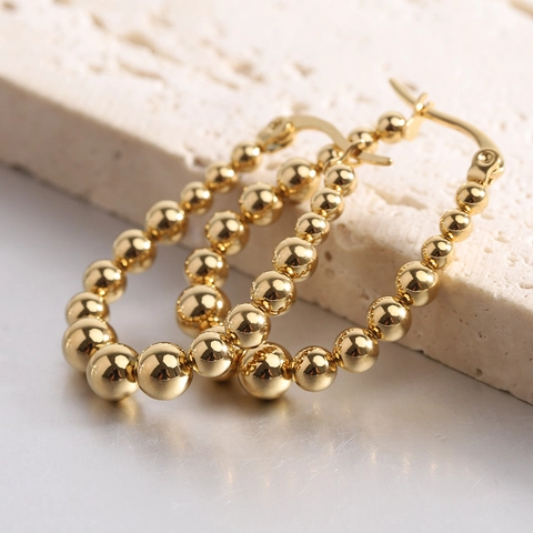 Beaded Hoop Earrings Stainless Steel Graduated Ball U-Shaped Polished Trendy Fashion Jewelry For Women