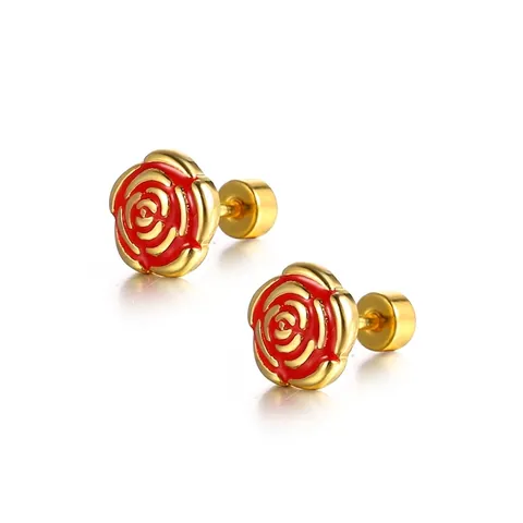 Titanium Steel Rose Flower Stud Earrings For Women Gold Plated Enamel Screw Back Hypoallergenic Vintage Floral Jewelry Earrings