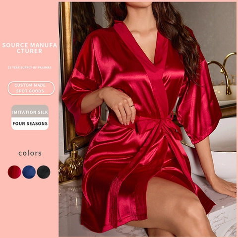 Albornoz De Satén Para Mujer Corto Imitación Satén Cuello En V Camisón Sexy Ropa De Dormir Color Sólido