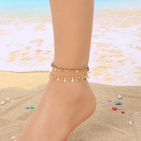 Titanium Steel Anklet For Women Colorful Enamel Water Drop Pendant Boho Style Layered Adjustable Foot Jewelry Chain