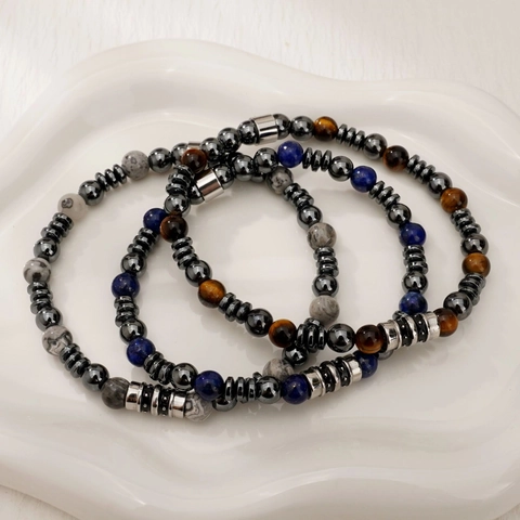 Perlenarmband Tigerauge Lapislazuli Map Stone Hämatit Naturstein Edelstahl Vintage Herren Schmuck