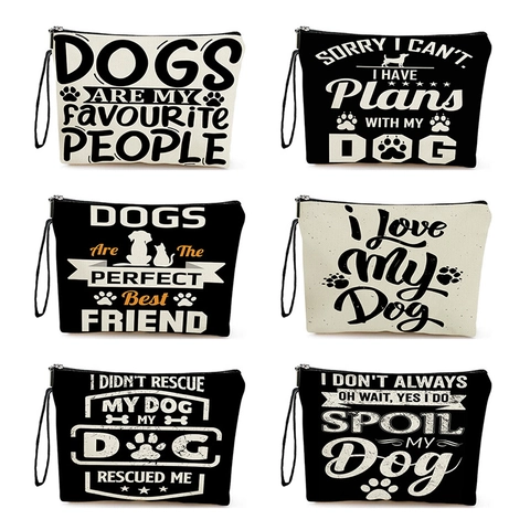 Leinen Make-up Tasche Hundedruck Reißverschluss Kosmetikbeutel Mit Handgelenkschlaufe Handheld Aufbewahrung Für Frauen