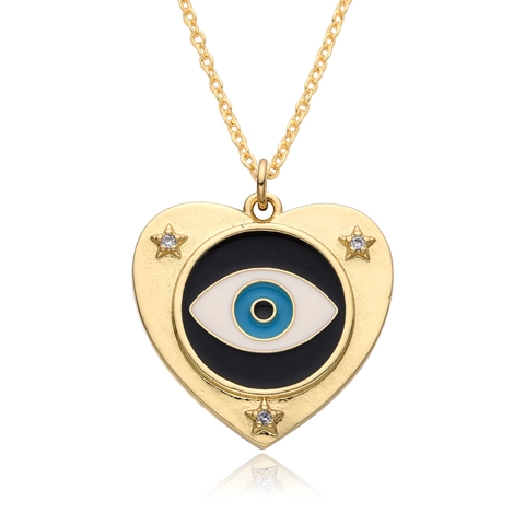 Bohemian Copper Evil Eye Heart Pendant Necklace Gold Plated Enamel Hamsa Hand Rhinestone Star Necklace Jewelry For Women