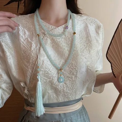 Lange Perlenkette Neuer Chinesischer Stil Hellblaue Glasperlen Quaste Anhänger Sicherheitsverschluss Für Damen