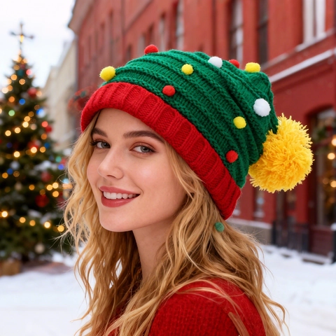Weihnachtsbaum Strickmütze Mit Bunten Pompons Und Glocken Winter Warme Acryl Beanie Für Weihnachtsfeier Feier