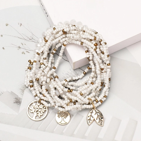 Bohemian Layered Glass Seed Bead Bracelet With Tree Of Life Leaf Alloy Pendants Elastic Vintage Ethnic Jewelry For Women