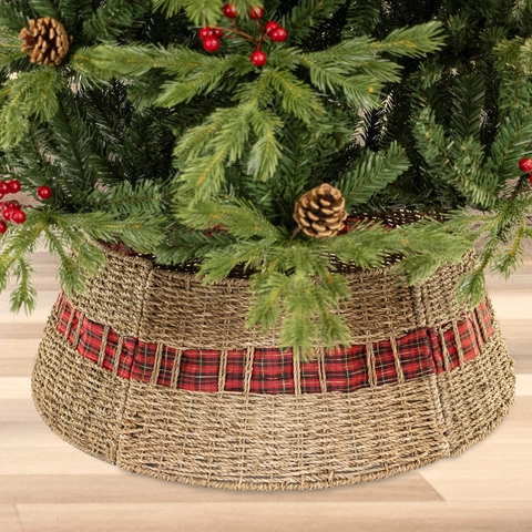 Jupe De Sapin De Noël Tressée Paille Saule Corde Papier Pliable Rustique Couverture Base Sapin Ruban À Carreaux