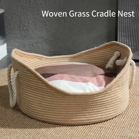 Geweven Katoenen Touw Huisdier Bed Ademend Circulair Kattennest Met Handvaten En Omkeerbaar Kussen Voor Kleine Honden