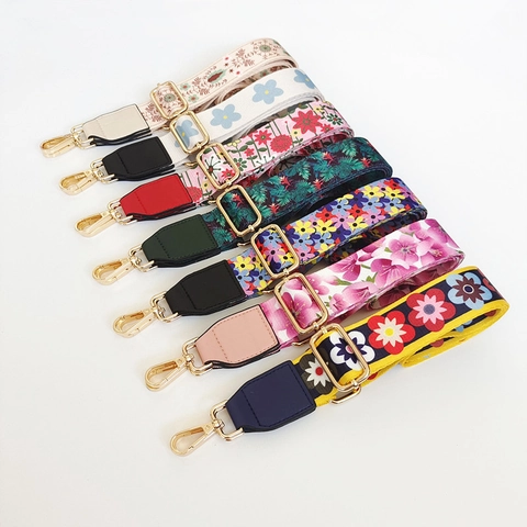 Adjustable Wide Shoulder Bag Strap Floral Ethnic Pattern Replacement Polyester Webbing PU Leather With Gold Metal Hooks