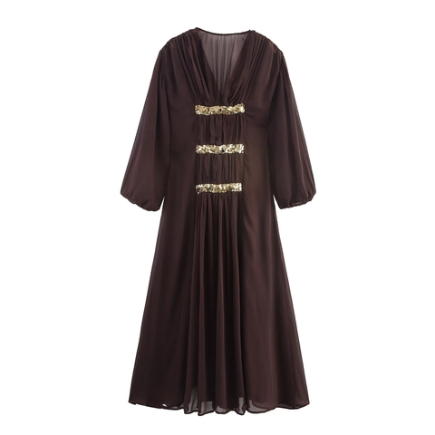 Women Elegant Chiffon Maxi Dress V Neck Lantern Sleeve Sequin Pleated Bohemian High Waist Retro Long Dress