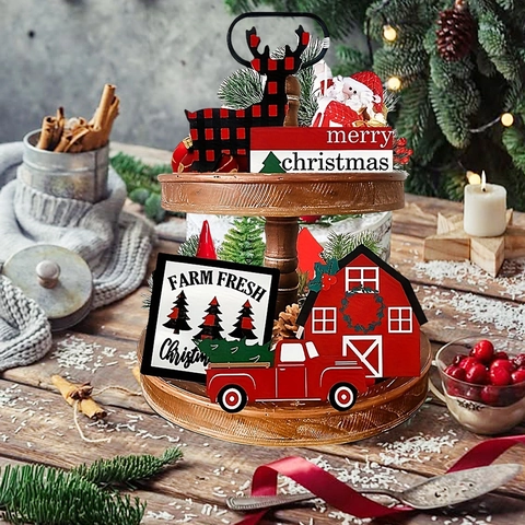 Christmas Tiered Tray Decor Wood Rustic Farmhouse Reindeer Red Truck Barn Signs For Holiday Table Home Ornament
