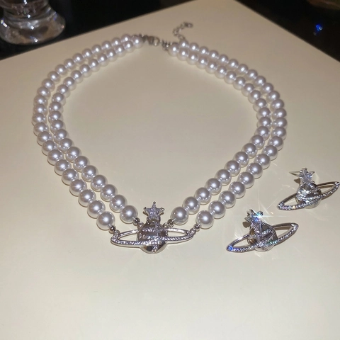 Layered Faux Artificial Pearl Necklace And Earrings Saturn Planet Orb Pendant Zircon Rhinestone Inlaid Light Luxury Women