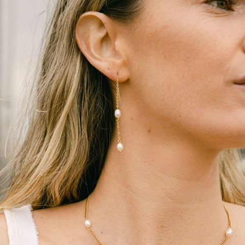 Pendientes De Hilo Minimalistas Acero Inoxidable 316L Chapado En Oro De 18K Perla Natural De Agua Dulce Joyería Mujer