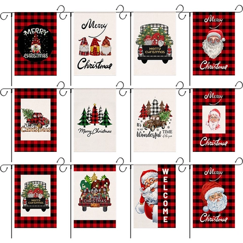 Bandera De Jardín De Navidad Doble Cara Lino Decoración Exterior Papá Noel Gnomo Camión Vacaciones Hogar