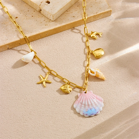 Oceaan Thema Schelp Zeester Dolfijn Hanger Ketting Roestvrij Staal Verguld Strand Vakantie Sieraden Voor Vrouwen