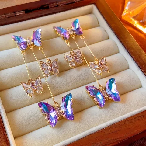 Schmetterling Quaste Ohrringe Kupfer Zirkon Rheinstein 925 Sterling Silber Ohrstecker Lange Gradient Blau Lila