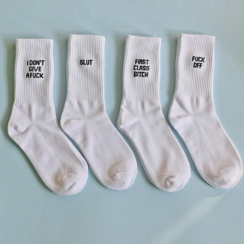 Men Cotton Blend Crew Socks With Novelty Letter Print Breathable Casual Streetwear Mid Calf Hosiery Soft