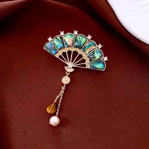 Broche De Abanico Vintage Estilo Chino Concha De Abulón Circonita Cobre Chapado En Oro Perla Artificial Ojo De Tigre Borla Para Mujeres