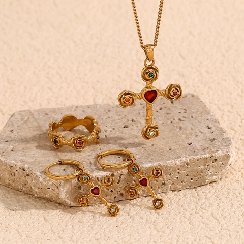 Kreuz Rose Herz Halskette Ohrringe Ring 18K Vergoldet Edelstahl Bunter Strass Retro Kreativer Damenschmuck