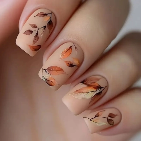 Autumn Leaf Pattern Press On Nails Matte Nude ABS Medium Square Full Cover Artificial Fingernails