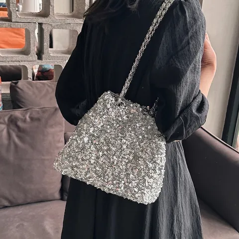 Pailletten Eimertasche Damen Glänzend Abendtasche Party Schultertasche Umhängetasche Nischendesign Metallkette Kordelzug