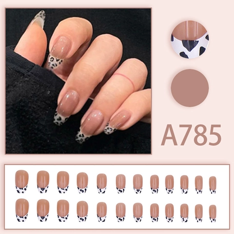 Unghie Finte French Tip Lunghe Ovali Stampa Mucca Rosa Nudo Lucide Unghie Artificiali Per Donna